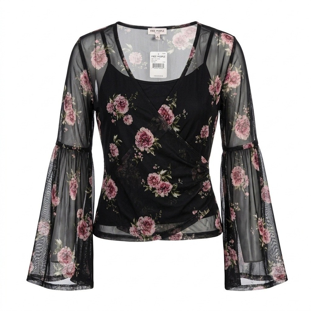 Bongo Floral Sheer Crop Top Bell Sleeve Blouse Black Pink Medium Nwot